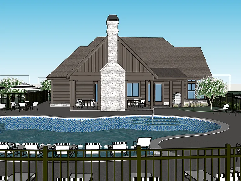 Clubhouse exterior with pool and lounge area.