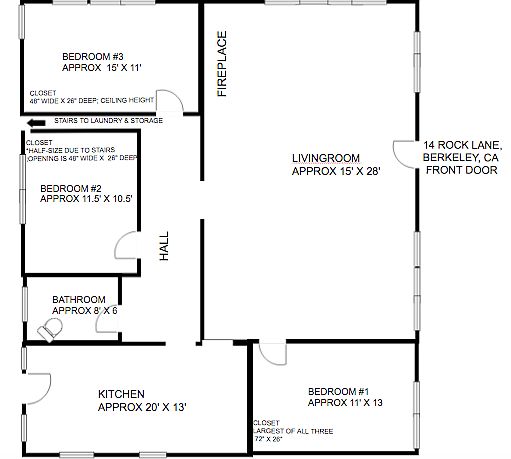 General outline of the house, top floor. There is a studio unit on the bottom floor underneath bedroom #3 and the portion of the livingroom extending the length of the south side. It is about 25' X11. Has a separate entrance and gate.