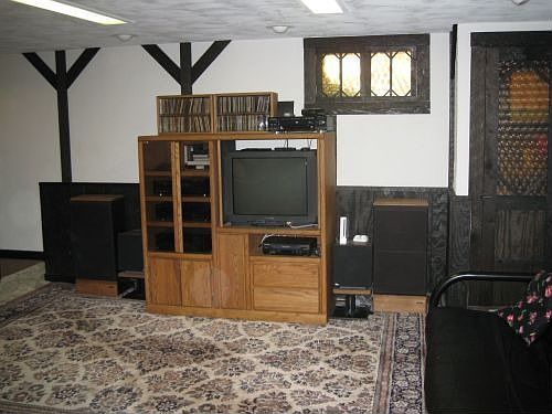 Tudor Style finished basement rec room