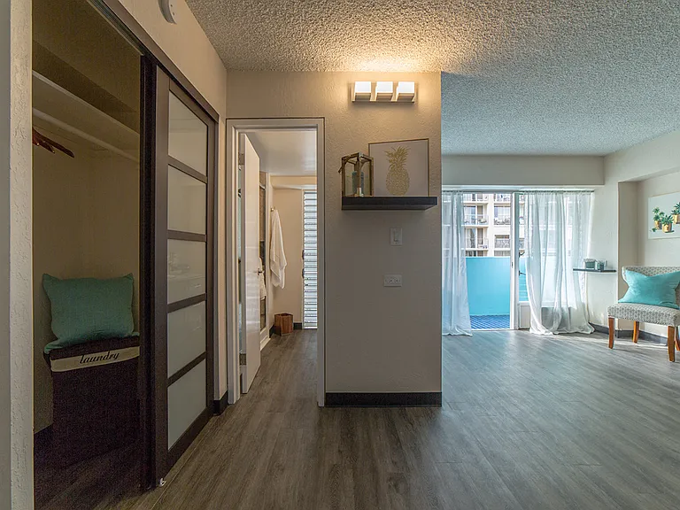Waikiki Walina Apartments living area with closet storage and decor