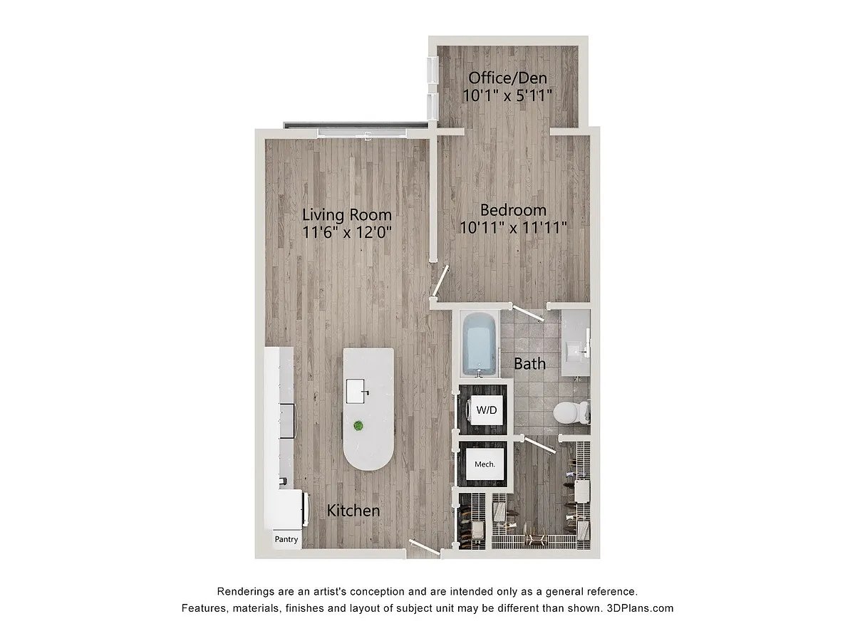 Floor plan 1 Bed/1 Bath Den-A1H