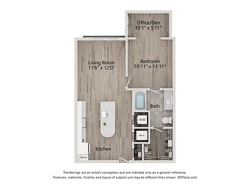 Floor plan 1 Bed/1 Bath Den-A1H