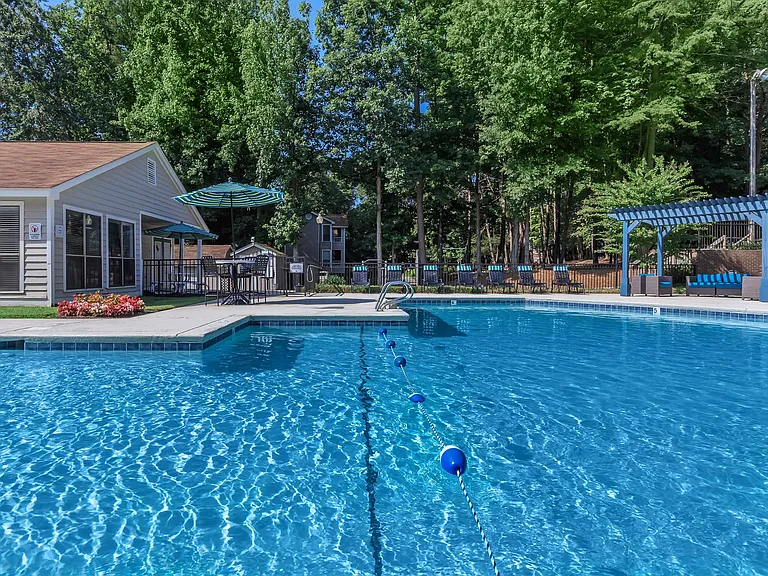Sparkling Swimming Pool with Shaded Lounge Areas