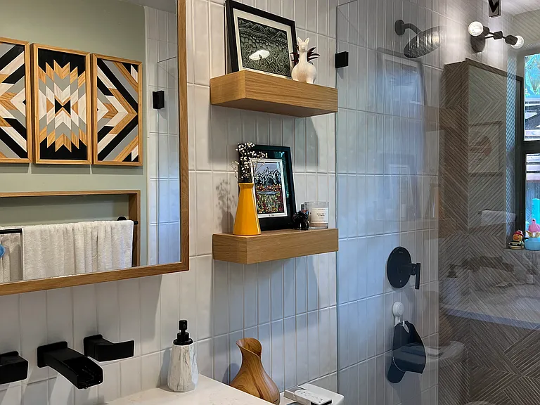 Bathroom vanity and mirror cabinet. Mirror box opens and has storage.