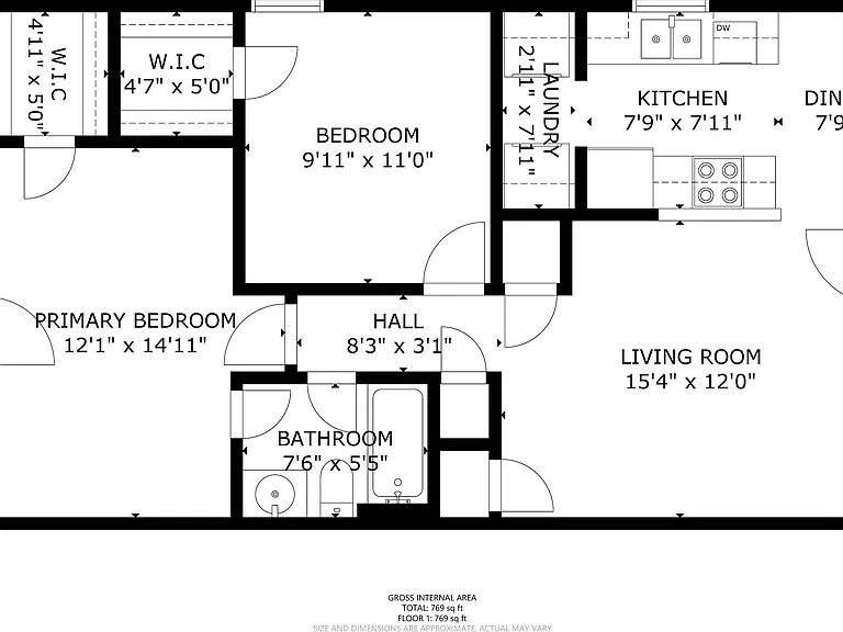 Floor plan _ 2 Bed / 1 Bath _ 769 sq ft
