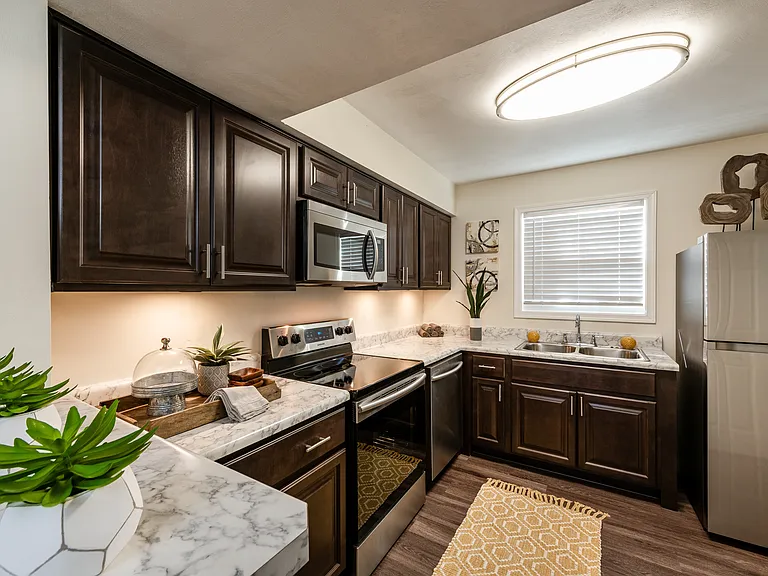Fully equipped kitchen with dark cabinetry and stainless steel appliances