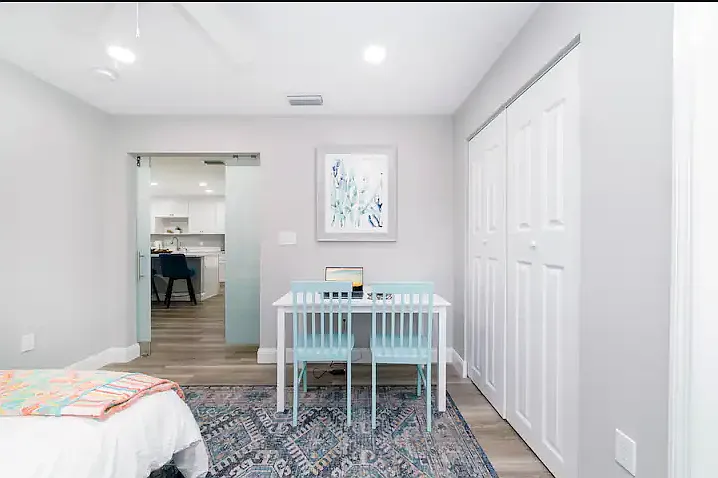 Full-sized murphy bedroom downstairs with a workspace/table. No need to go upstairs! Perfect for individuals with limited mobility - everything is on first floor!