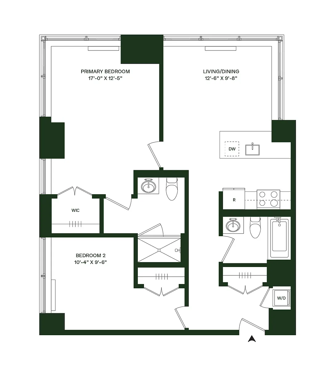Floor plan Residence 14 - South: 2BR 2BA