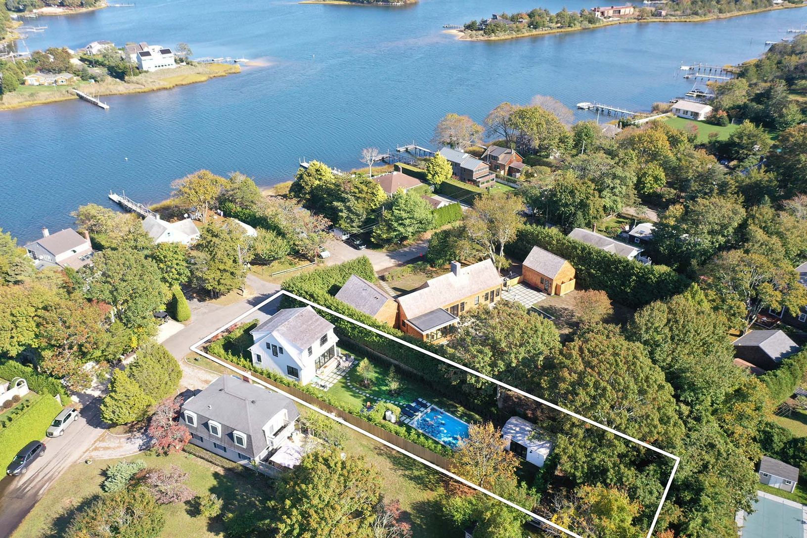  Drone shot of property and water