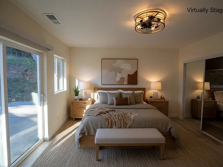 Rear bedroom has its own sliding room which makes it the only bedroom with this exclusive feature. large closet and new overhead fixture warm the space.