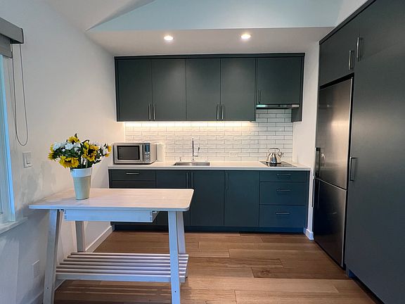 Modern appliances in this kitchenette: induction stove top, mircowave/oven, refrigerator, and full sized washer/dryer.