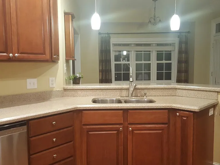 Kitchen and breakfast area facing backyard. Double sink, quartz countertops