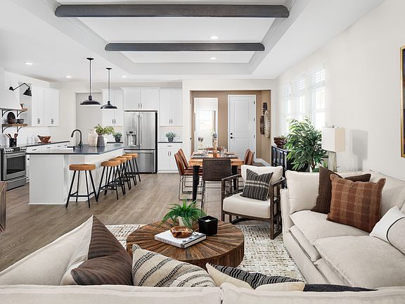 Great room with stained ceiling beams