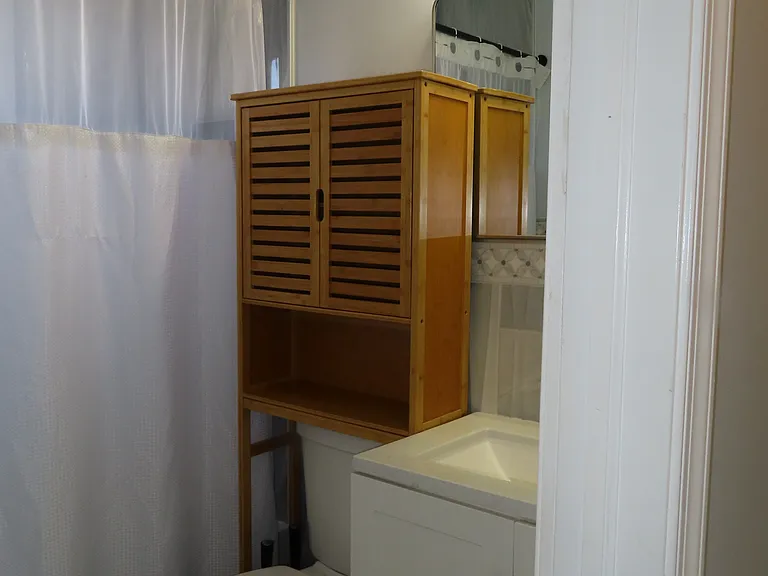 full bathroom with storage shelf