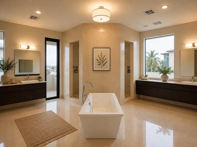 Spa-inspired primary bath featuring a freestanding soaking tub, dual vanities, and dual walk-in showers.