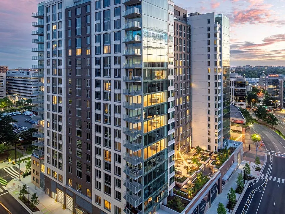 Striking glass high-rise in Arlington's Courthouse neighborhood.