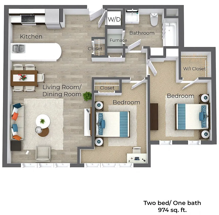 Floor plan Two Bedroom - One Bathroom | 1 Mansfield Ave