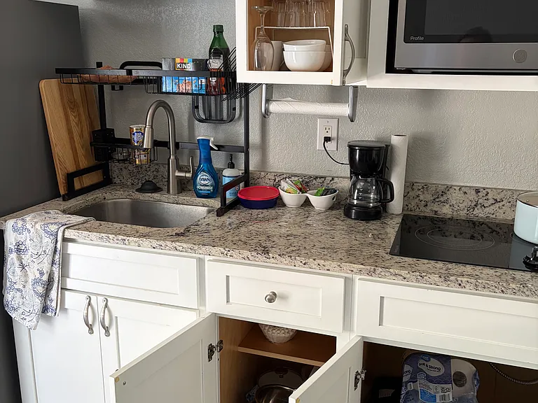 Plenty of storage. Kitchen is fully furnished. Cleaning products and initial paper products included.