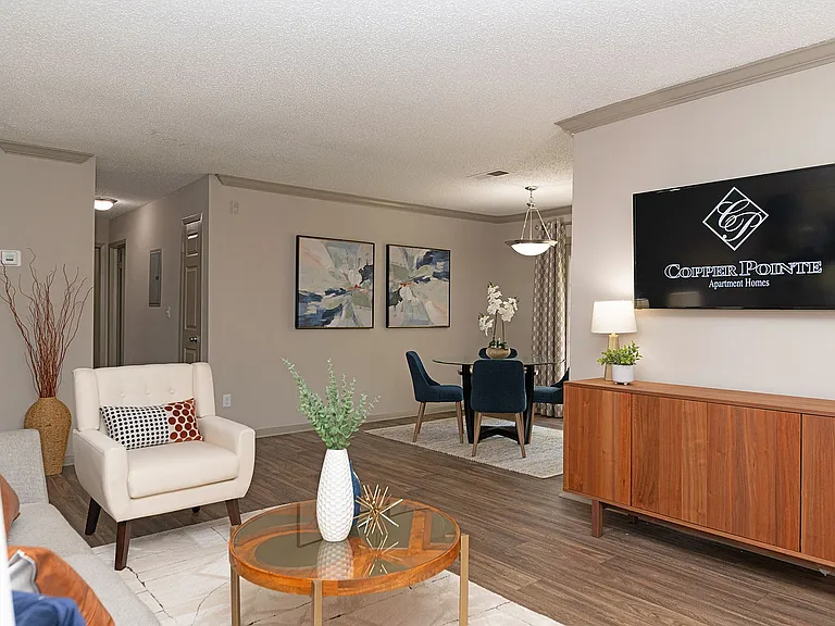 Spacious living room with hardwood-style flooring