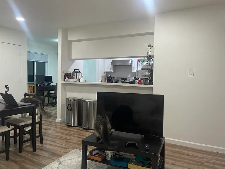 Wide shot of the living room. View of the study nook (left) and kitchen (bar).