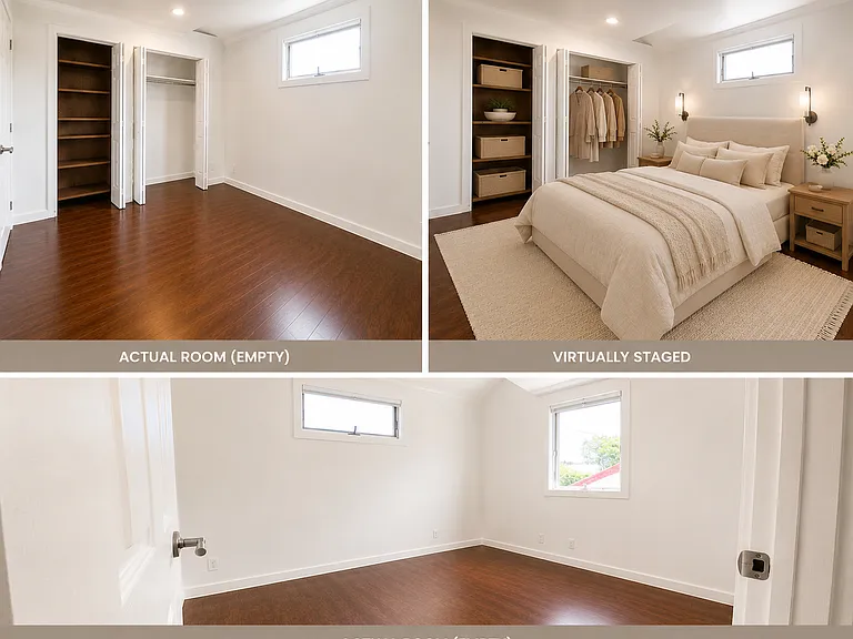 Relax in style in this spacious bedroom, complete with custom built-in shelving and ample closet space.