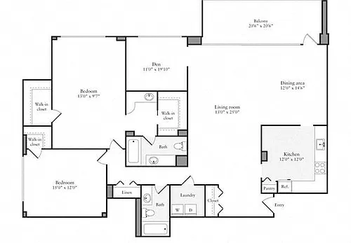 Floor plan 2 Bedroom + Den, 2 Bath 1600 SF 2d2