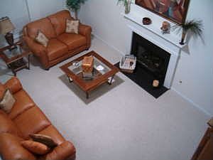 Great room w/ fireplace, berber carpet, & plenty of sunlight