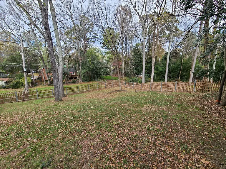 An enormous fenced-in back yard. The lot continues with a nature area beyond the back gate.