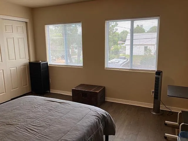 Bedroom features dual windows for natural light, a closet, and space for a bed plus desk or storage.