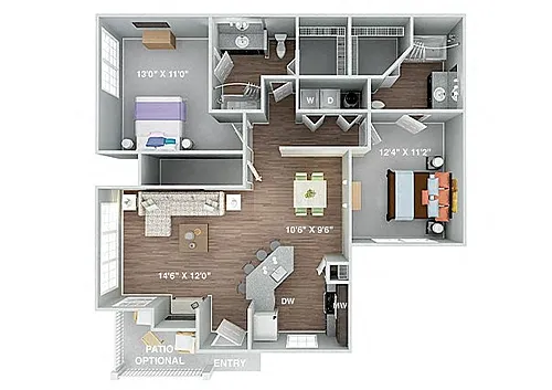 Floor plan Hunter 2 Bedroom 2 Bath Renovated