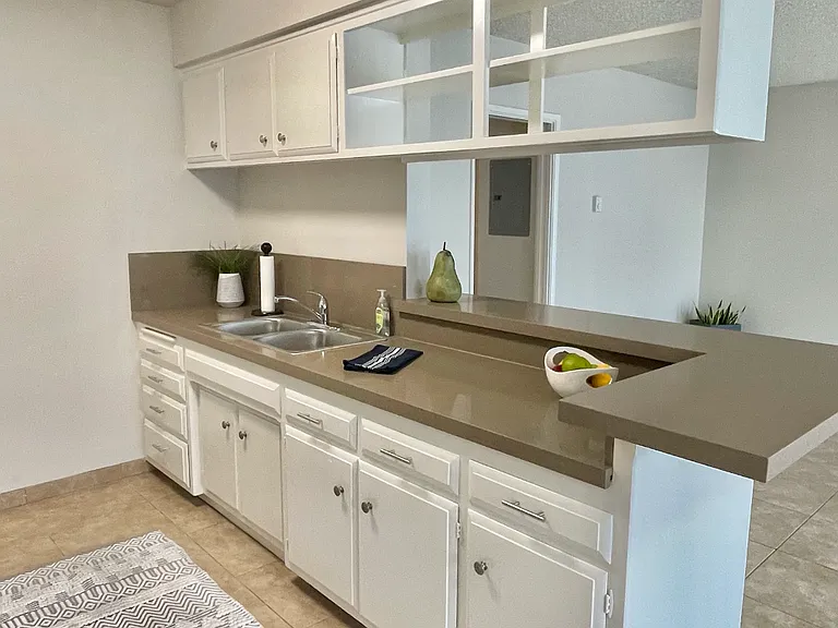 Kitchen with new sink and faucet.