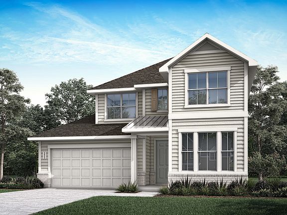 A two-story residential house with a garage, surrounded by trees and a grassy lawn, set against a cl