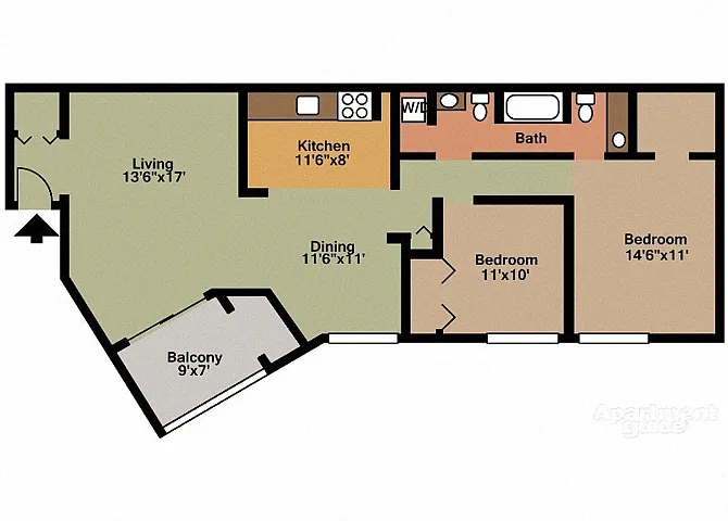 Floor plan Style B - 2 Bedroom 1 1/2 Bath