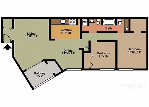 Floor plan Style B - 2 Bedroom 1 1/2 Bath