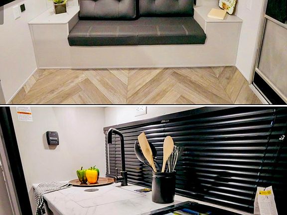 You will see the sofa which opens up a Murphy Bed sized Queen Bed. You can keep it open or closed. Two closets on each side. The bottom picture is a side view of the stove top and countertop.