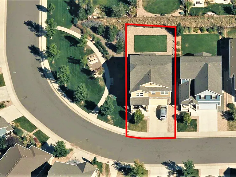 View from above showing property lines and common area/park to the left.