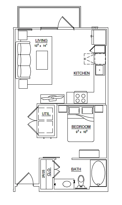 Floor plan E2 Orchid 1x1 558sf
