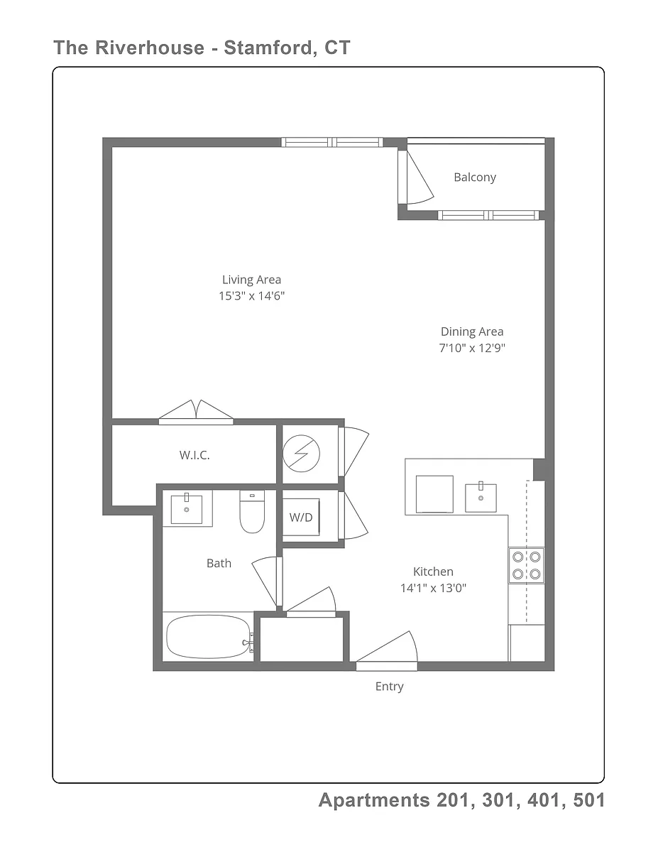 Floor plan 301 Balcony park views gray cabinets