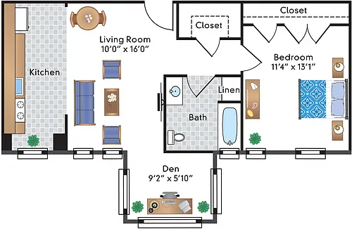 Floor plan Renovated 1 Bedroom Den 17 Tier