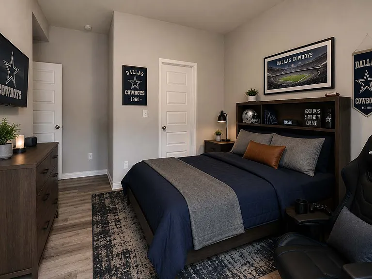 2 Bdrm / 2 Bath Flexible den, shown as a second bedroom with a full size bed
