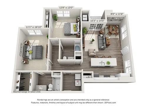 Floor plan 2-Bedroom 2-Bathroom w/ Garage | 1,201 sqft