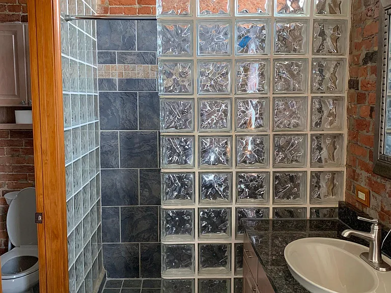 Glass-walled shower in main bath. Separate toilet room.
