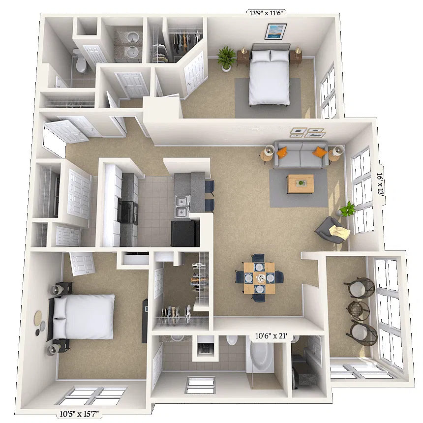 Floor plan Traditional 2x2 1202-1299 SF