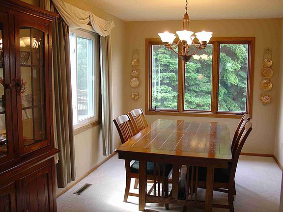 Spacious dining room with grand back yard view.