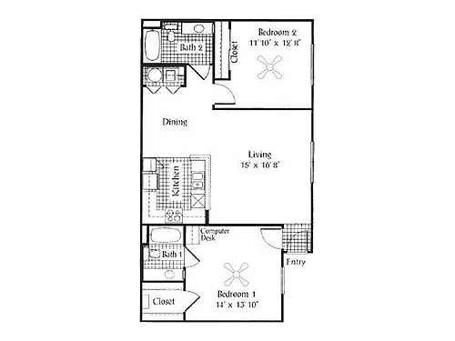 Floor plan 2 Bed, 2 Bath B (80% Income Restricted)