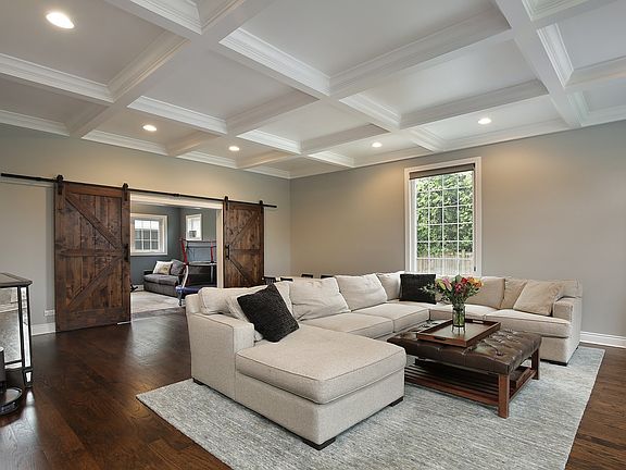 Trendy barn doors between family room & play room