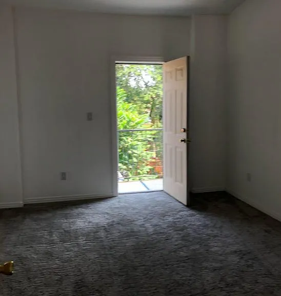 Bedroom has carpeting. Back door from bedroom to private balcony.