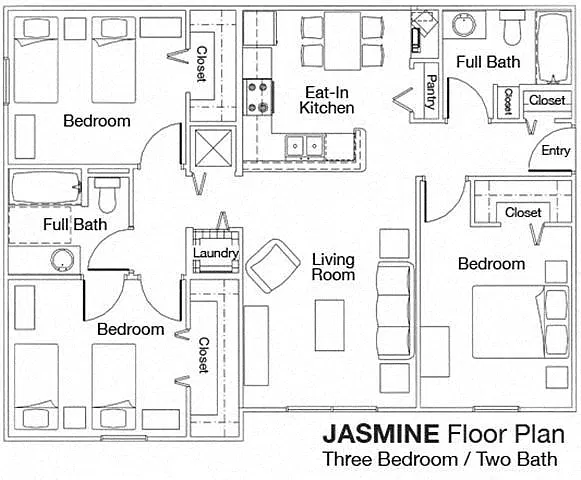 Floor plan Three Bedroom Two Bathroom 60%
