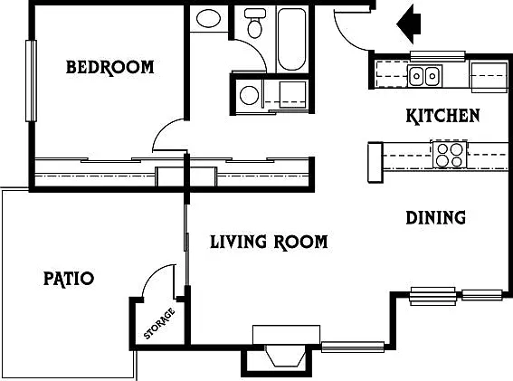 Inviting floor plan with one bedroom, spacious living room, modern kitchen, cozy dining area, and a private patio with storage. Inviting floor plan with one bedroom, spacious living room, modern kitchen, cozy dining area, and a private patio with storage.