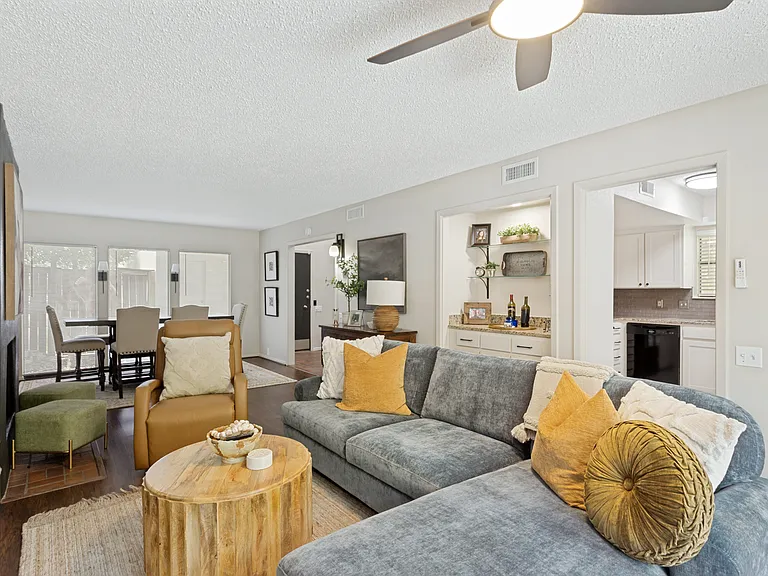 showing living, dinin and coffee bar
entry is back left of photo, kitchen entry is back right